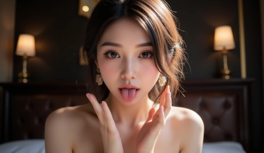 beautiful japanese actress,(photo realistic:1.4), (hyper realistic:1.4), (realistic:1.3),very detailed,Eyelashes High resolution eye depiction, focus the eyes clearly, nose and mouth,face focus, woman with open mouth and closed eyes, Completely naked、35 years old,black haired、symmetrical face,realistic nostrils、angle from below、elongated C-shaped nostrils,,,white background、((sweaty skin))、Lighting that emphasizes the skin shining with sweat、((hook nose))Skin shiny with sweat、((shiny skin))、((wet and shiny tongue))、glamorous body,beautiful breasts,((Life,floor))beautiful breasts,((Dance in ,sexy dress)),