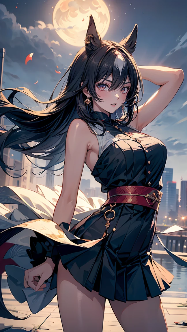 a beautiful woman with long black hair, wearing a tight pink dress, standing holding a pistol, aiming the barrel at the bad guys, on a tall building, the sun is setting, close up.