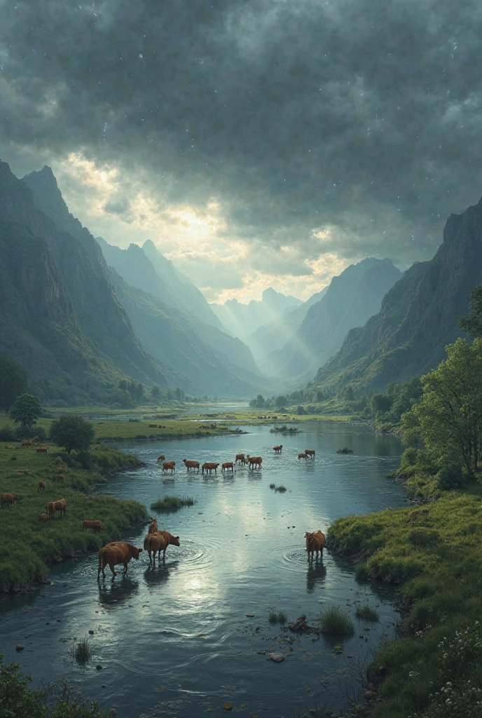 "A serene, hyper-realistic scene of a wide river flowing gently through a lush green landscape. Above the river, the sky is dramatic with dark clouds and flashes of lightning, creating a stormy yet peaceful atmosphere. In the midst of this, a herd of cows is crossing the river, their reflections visible in the calm water below. Some cows are wading through the shallow parts, while others are grazing along the riverbank. The mountains in the background are bathed in soft light, adding to the tranquility of the scene."
