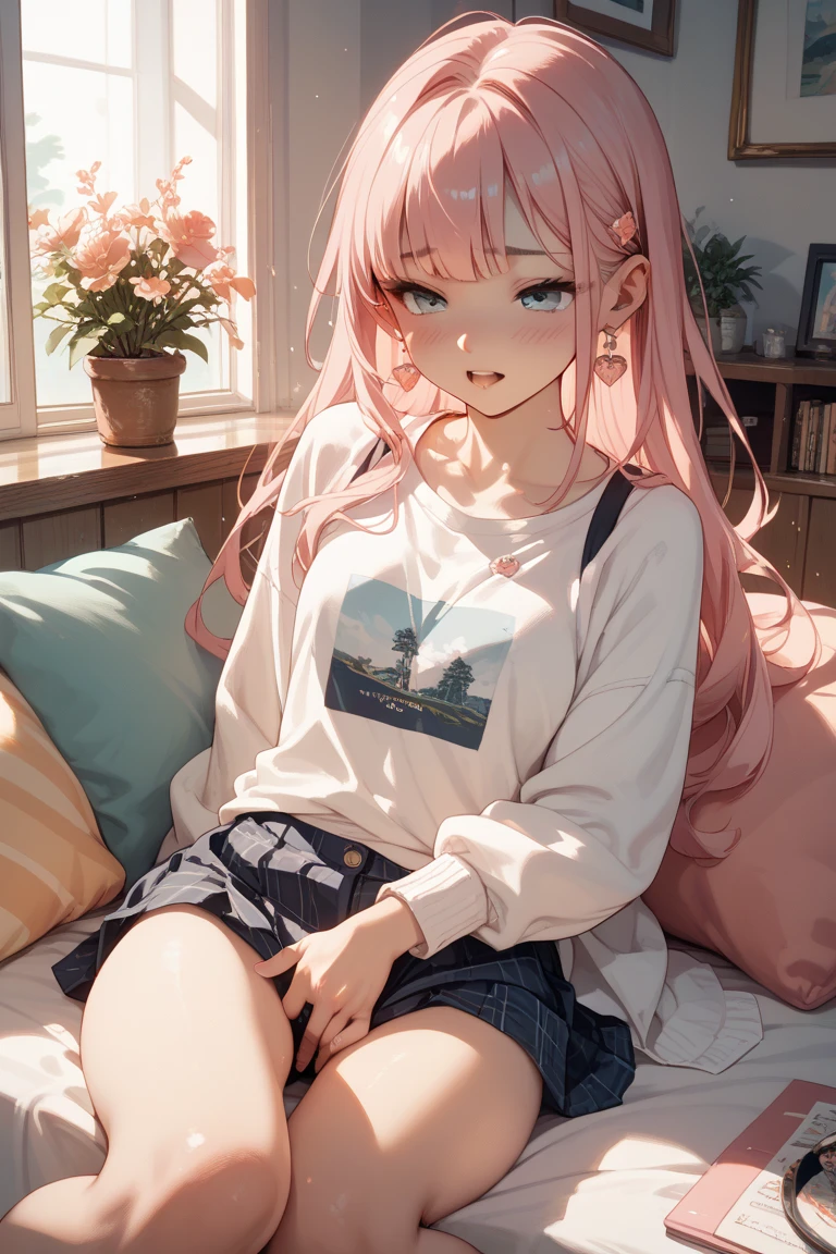 Masterpiece、Highest quality、highest quality、 ((panic))、Shiny hair quality、Small face、Sitting、Super detailed, beautiful, wide eyes、Ultra-detailed, clear and beautiful faces、(cute illustration:1.2), High-resolution, ultra-detailed, best quality, embarrassed、(Gaps in shorts).(Cute underwear that can be seen at a glance)
