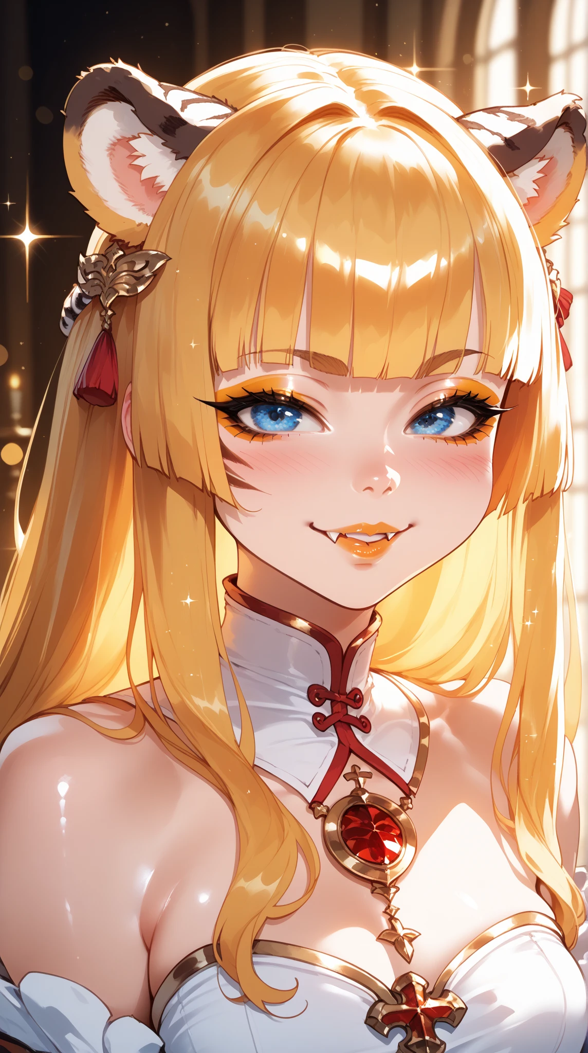 best quality, masterpiece, upper body, (adult:1.6) hungarian woman, (smirk:0.4), arms behind head, braided golden hair, sparkling eyes, victorian sundress, floating light particles, centered, 