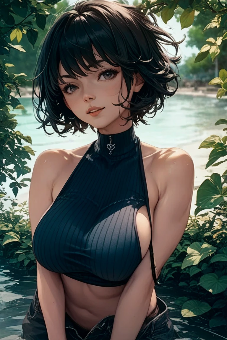 1 girl, Natural photography of a beautiful girl, wearing a loose crop top, leaning over, short hair, big bust, locks eyes into the camera, symmetrical eyes, symmetrical face, (masterpiece) (best quality) (detailed) (8k) photorealistic, photography, path tracing, specular lighting, volumetric face light, path traced hair, visible shadows, intricate, elaborate, oiled boobs, cleavage, wet skin, flirty, freckles, blush, dark eyeliner, hanging breasts, girl bending over, strap gap
