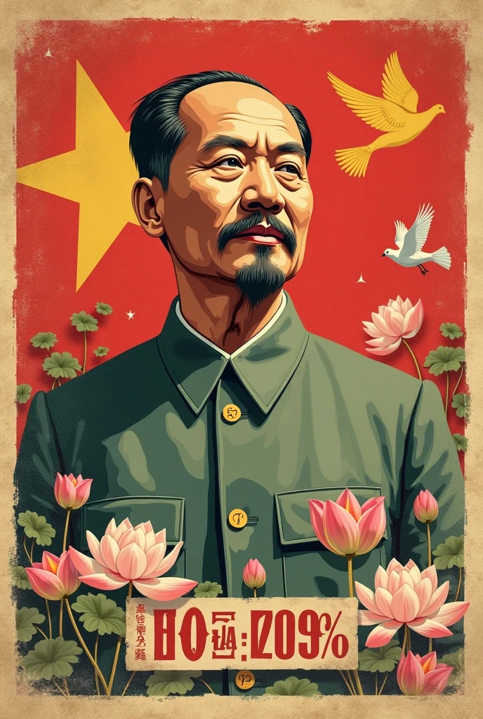 Vietnam, April 30, 50th anniversary, 1975-2025, vintage poster style, retro color palette, aged paper texture, national flag, Ho Chi Minh portrait, peace and unity, old propaganda style, reunification, lotus flower, dove, traditional Vietnamese elements, bold typography, heroic spirit, Vietnamese language
