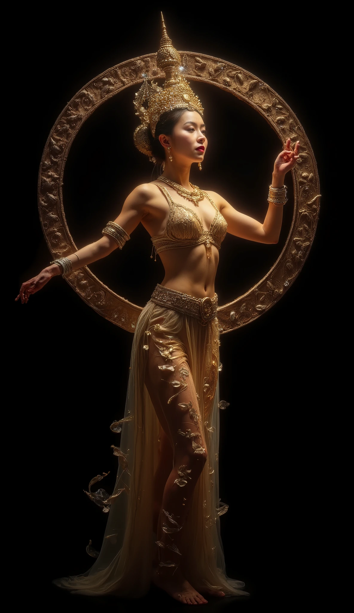 A young woman, of Thai ethnicity, is positioned in the center of the image. The subject is adorned in a rich, golden, and intricately designed traditional Thai costume. Her costume is topless, with gold jewelry resembling a bra and a sheer skirt decorated with leaf patterns and glittering gold embroidery. Gold jewelry, including a large traditional Thai headdress and ornate wristbands, completes her outfit. The subject’s expression is calm and elegant, with subtle makeup. Her body is shown with a slender figure and graceful pose, as if posing for a performance or photo shoot. Her pose is slightly tilted, with one arm outstretched as in a traditional dance. The background is a circular gradient of black, which creates a striking contrast to the gold of her costume. The lighting is soft and even, highlighting the details of the subject’s clothing and features without harsh shadows. The style is dramatic and evokes a sense of tradition and elegance. The perspective is taken from slightly above the subject’s body, with a close-up view of the costume. The overall composition emphasizes the rich details and ornate design of the costume.