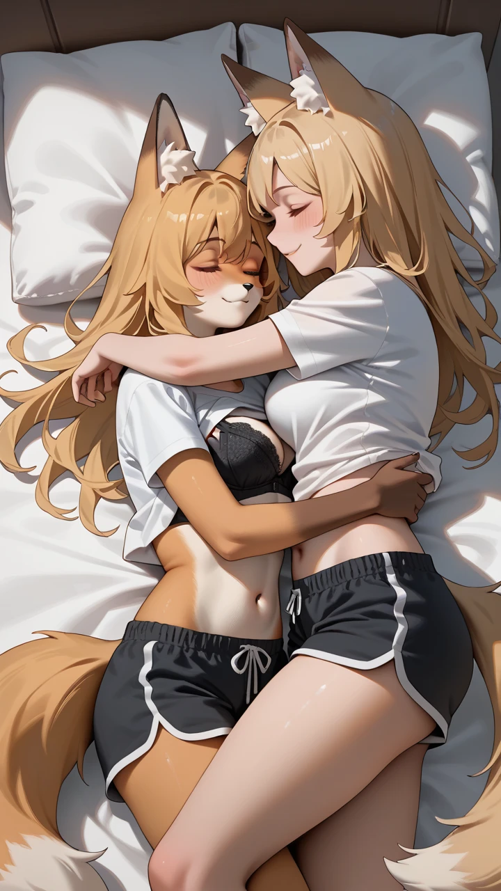 Elf woman sleeping face down in bed, relaxed expression, long loosely wavy blonde hair, sleeping with her pet dog, the dog curled up next to her and sleeping, soft morning light, calm atmosphere, detailed and clear drawing, warm and gentle colors
(Highest quality, 8K quality, Masterpiece: 1.3, High resolution, Tabletop: 1.2, Realism: 1.3), Front view: 0.8, Full body Esbian: 1.3, Staring into the camera, (Well-groomed hair), Beautiful face, (Young gravure idol, Sophisticated gravure idol), (Perfect face down to the smallest detail), Normal hands: 1.5, Normal fingers: 1:5, Normal legs: 1.5