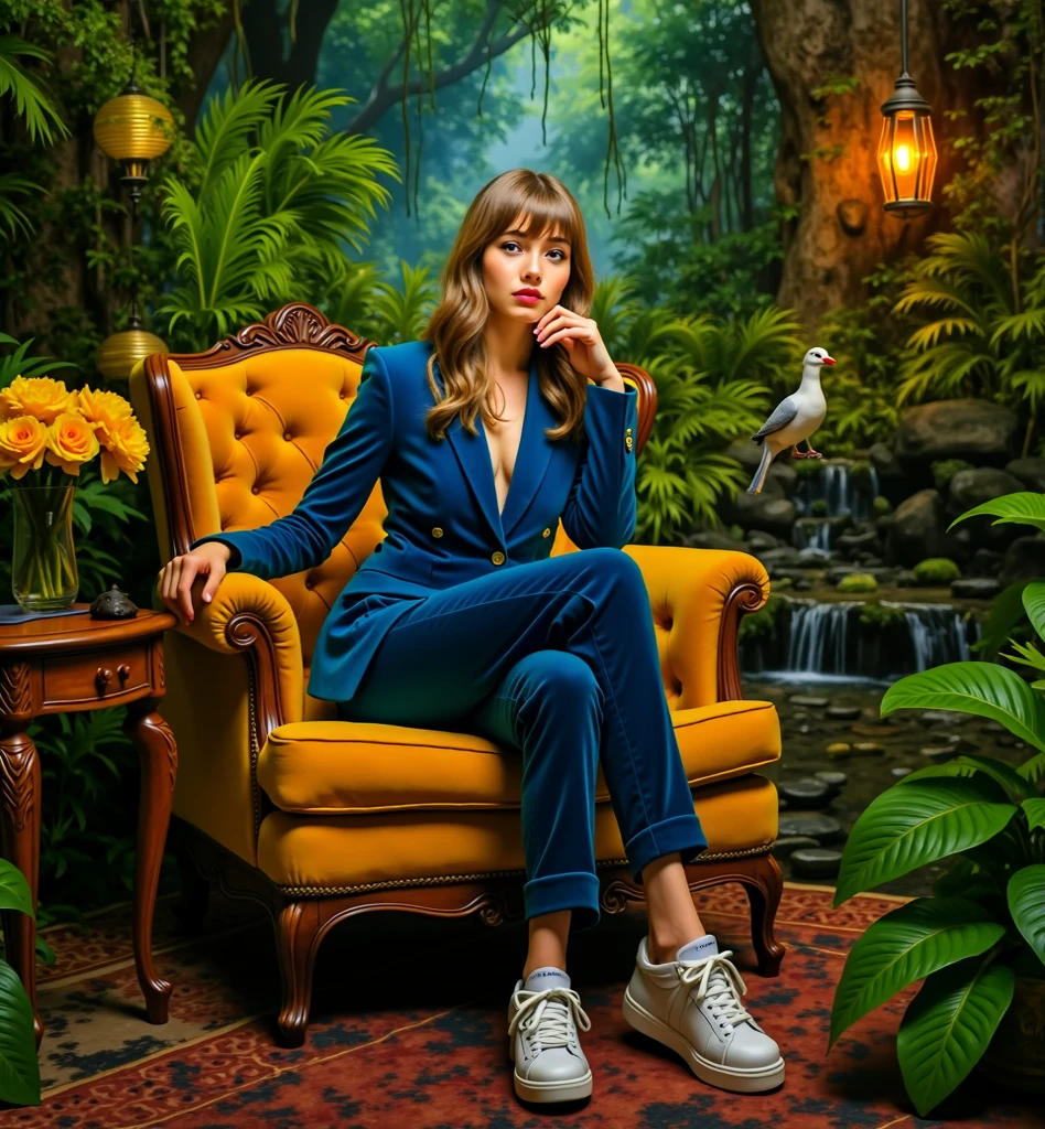  a beautiful woman age 28 sitting old amchair in a jungle, sitting on old amchair in  colorful  deep jungle forest, 