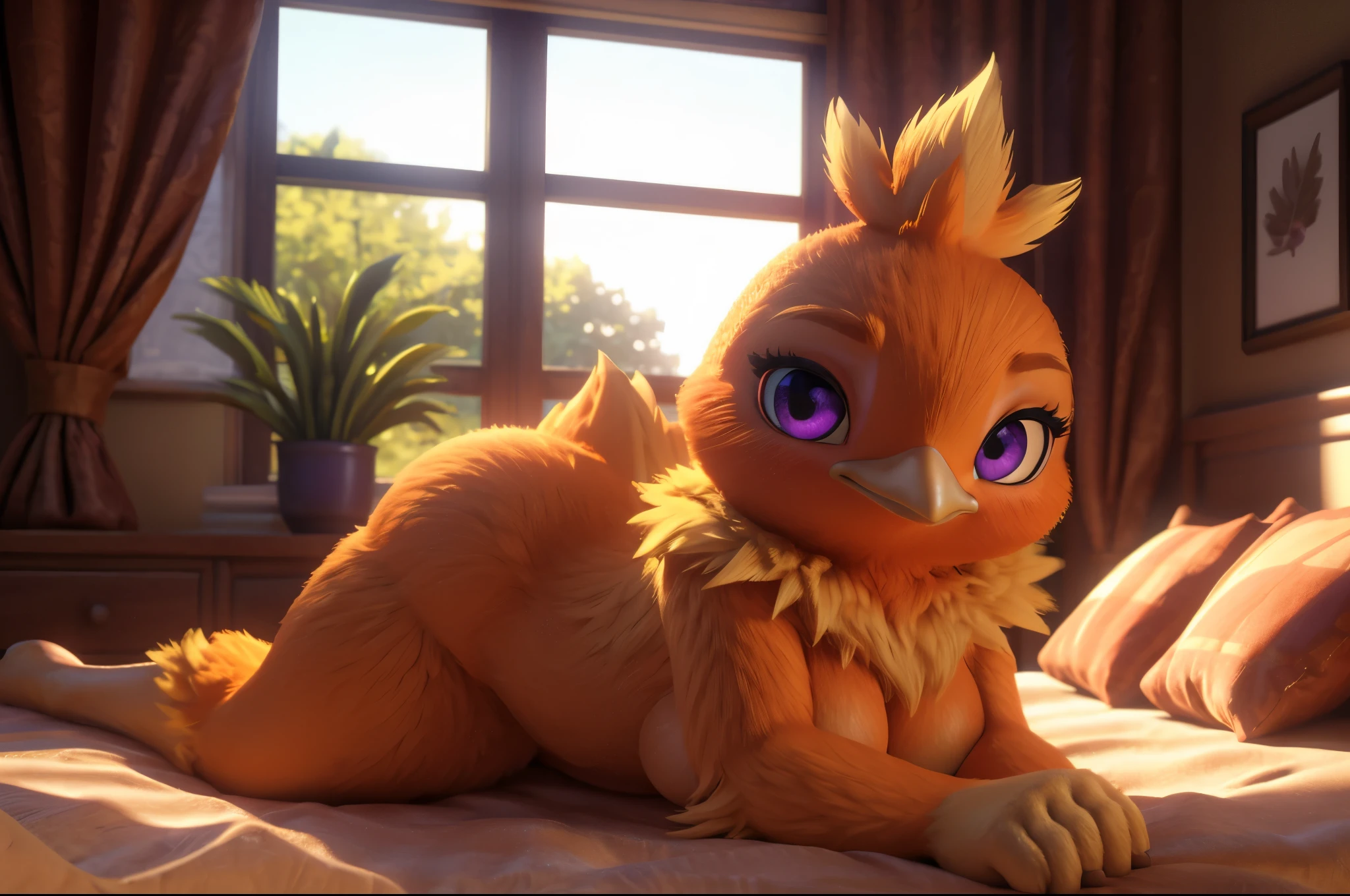 female, bird, torchic, background, (cinematic lighting:1.1), (perfect focus:1.1), 8k hd, (detailed eyes:1.2),depth of field, bokeh, subsurface scattering, perfect breasts, wide ,((naked showing her buttock )),bright colors, (furry detail:1.3),detailed background, realistic, photorealistic, ultra realistic, inside the room with a window and a huge bed , realistic, photorealistic ,smile,(fluffy:1.3), furry, buff, (realistic fur:1.1), (extreme fur detail:1.2),((light orange fur)),(Black pupil, purple eyes,pixar style eyes),torchic tail,3d pixar style,sexy legs,posing showing her buttocks, showing her underwear somewhat shy, blushing, without underwear.