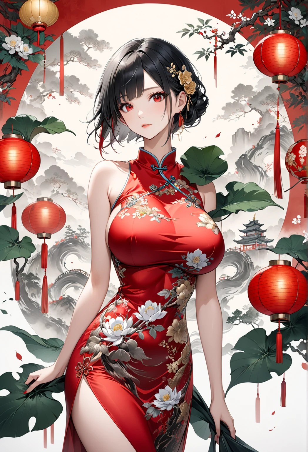 (Masterpiece, Top Quality, Best Quality, Official Art, Beauty and Aesthetics: 1.2), (1girl: 1.3), Very Detailed, (Fractal Art: 1.1), (Color: 1.1), (Flowers: 1.3), Most Detailed, (Zentangle: 1.2), (Dynamic Pose), (Abstract Background: 1.3), (Chinese Dress: 1.2), (Shiny Skin), (many colors:1.4), ,(earrings:1.4),