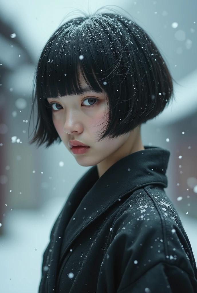 (top quality,4K,8k,high resolution,masterpiece:1.2),very detailed,(realistic,photorealistic,photo-realistic:1.37),Japanese women in their 20s,full body、Textured Straight Ultra Short Bowl Cut Hair、Shaved head punishment、Shaved nape 、sense of loss、、 small 、Poor clothing、prison break、perfect 、depth of field、 Snow Mountain 、colorful、Black and White、