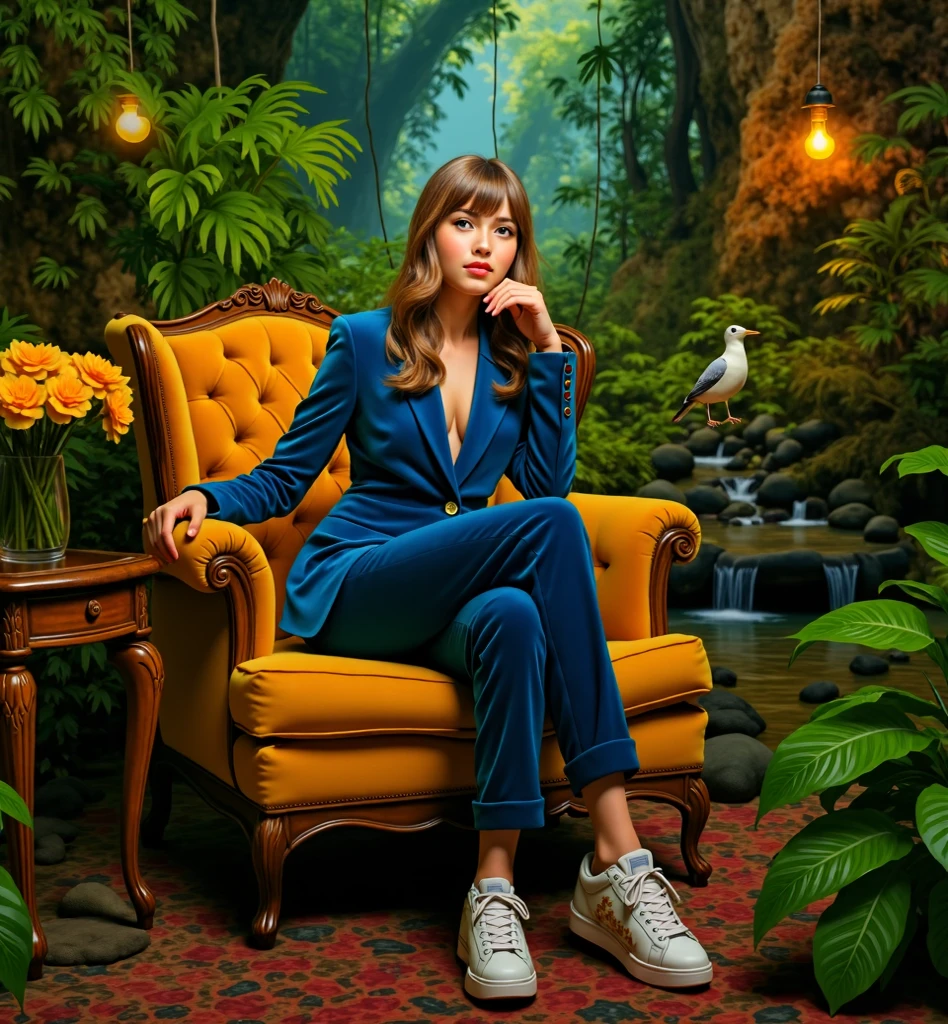  a beautiful woman age 28 sitting old amchair in a jungle, sitting on old amchair in  colorful  deep jungle forest, 