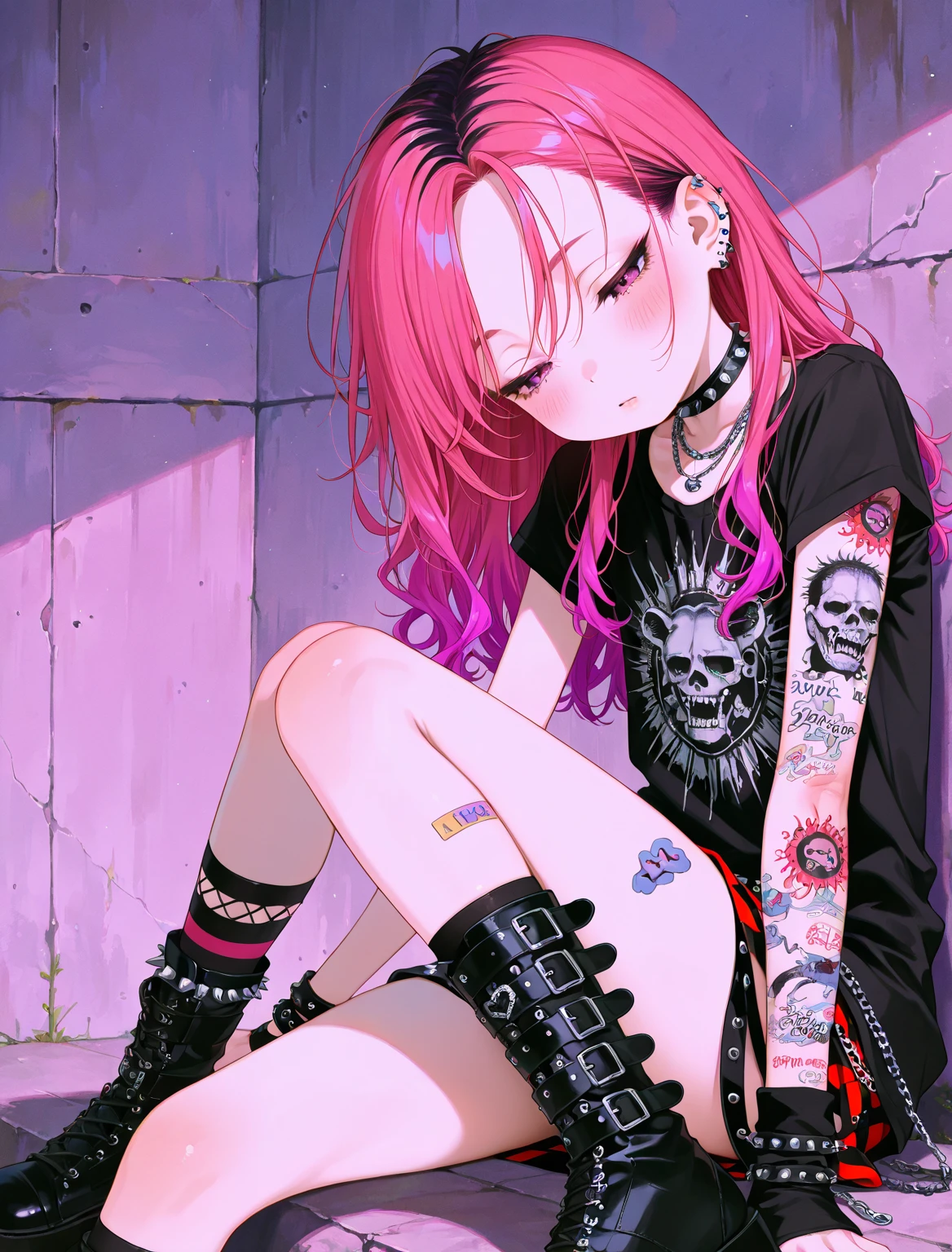 In hell,The defeated goddess,pink short hair,Pink pupils,Hands are tied in chains,Red shorts,spread their legs,The whole body is covered with tattoos