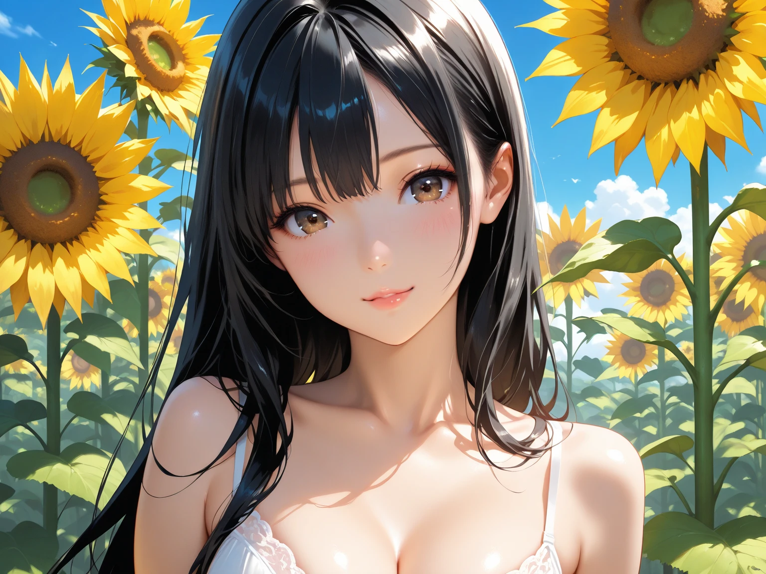 masterpiece、highest quality、High resolution、high quality images、8K, 1 female、skin luster、Texture of skin and clothing、Expression of fine eyes、glossy black hair,long hair girl, Manga inspired by Lee Jong-suk, trending on deviantart, realism, detailed manga style, manga art style, perfect line drawing, beautiful line drawing, digital manga art girl, K-POPアイドル, dress, beautiful pink eyes, plump lips, detailed gorgeous face, (cute smile), charm, innocent, Side view, (perfectly detailed face), (fine hands) photorealistic images, Depth of written boundary, half up hairstyle, sunflower， straw hat,one piece,wonderful flower garden，美しいsunflower，romanticism,
