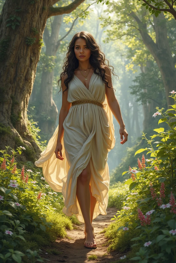"A hyperrealistic image of a stunning woman with long, flowing black hair, a captivating gaze, and an air of regal elegance. She is dressed in an incredibly sexy and sophisticated outfit that accentuates her figure, standing confidently on a grand ark, reminiscent of Noah's Ark, within a lush, idyllic garden that resembles the Garden of Eden. The scene is bathed in ethereal light, with vibrant greenery, exotic animals, and a sense of timeless beauty."