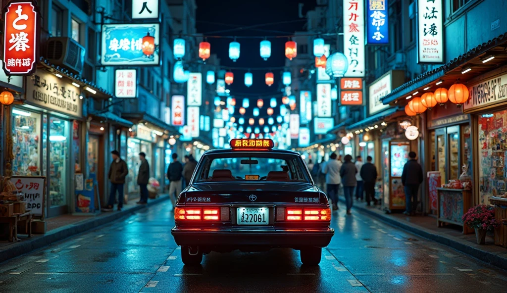 A vibrant night street scene in a bustling Japanese city, filled with colorful neon signs and traditional lanterns hanging overhead. A classic black Toyota Crown Comfort taxi with a glowing red taillight is prominently positioned in the center foreground, facing away from the viewer. The taxi displays Japanese writing, numbers, and advertisements on its rooftop sign and license plate. The narrow street is lined with small shops, restaurants, and glowing signboards in various shapes and colors—mostly blue, red, orange, and white. Reflective wet pavement and scattered pedestrians add a sense of motion and life to the atmosphere. The entire scene is bathed in a strong blue hue, creating a cyberpunk aesthetic with a blend of nostalgia and modernity. The mood is lively, cinematic, and distinctly urban Japanese.