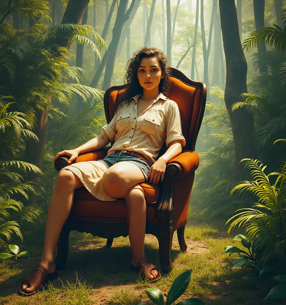  a beautiful woman age 28 sitting old amchair in a jungle, sitting on old amchair in  colorful  deep jungle forest, 