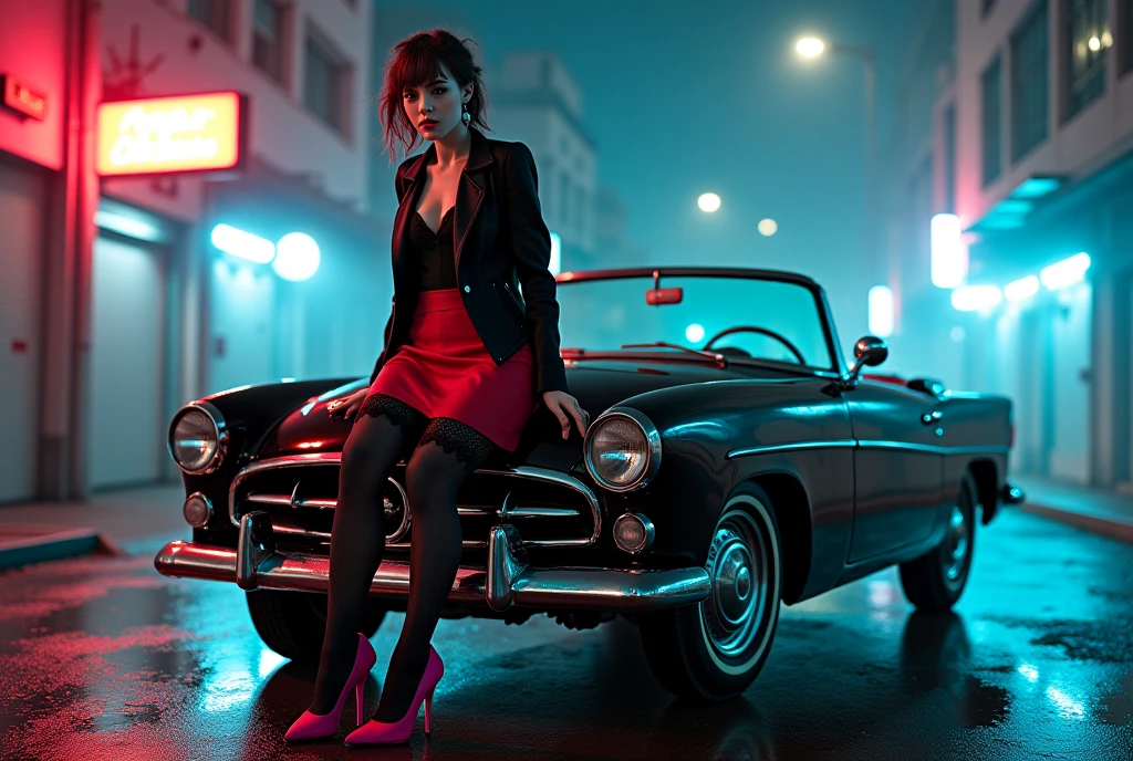 Retro sexy  young girl, white skin, black jacket, blouse, red skirt, black lace tights, pink high-heeled shoes, with a gun in his hand, Sitting on the hood of the car Pegasus 1950 glossy black, homeless,  wheels phosphorescent electric blue, a street wet, Fog on the street Makeup, Gradient Hair Color, buildings, starry night Cinematic lighting, semitone, Chiaroscuro, UHD, Very detailed, high quality, The best quality, Post-apocalyptic world alley, Underworld laser rays, Cloudy skies and fogs Big breasts,  breasts, Imax Cinematic lighting, bright light,  Overexposure, high quality, Cyberpunk Big Breasts,  breasts, UHD, from above, Suburb Makeup,  Top teeth , Blush all over the face, red lips, Blushing ears, niebla electrica , shoulder-length fireworks, Neon graffiti, Light on the face 