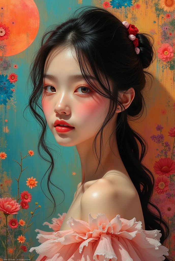 Full-length Asian girl, is very beautiful, Style, advertisement, collage of paintings in the background, кра solar, lots of colors, multicolored, BRIGHT,  solar