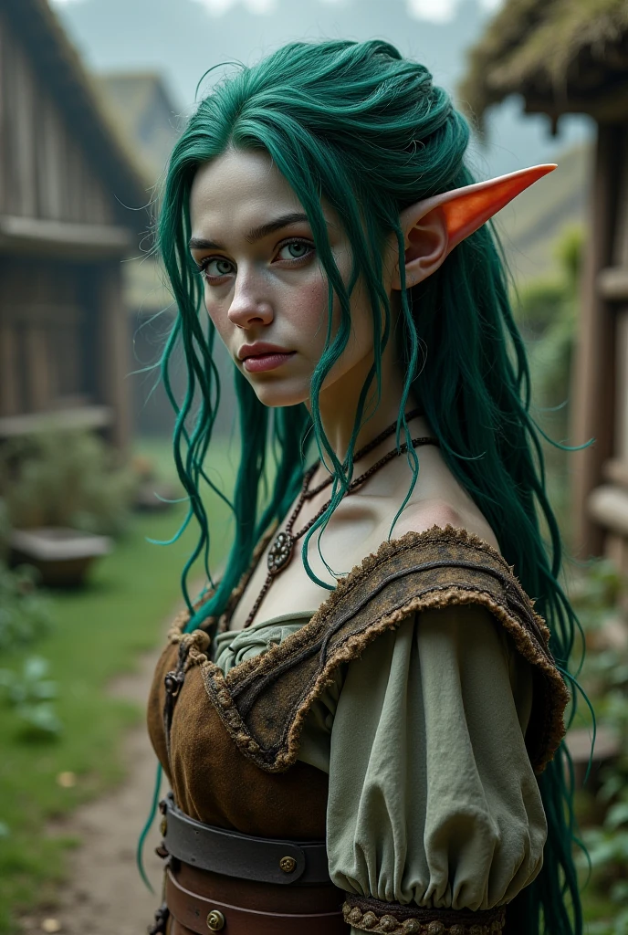Upper body shot, a grey-skinned European woman, pointy elf ears, grey skin, forest-green hair, closed mouth, rustic medieval peasant outfit, dynamic pose, complex fantasy character, NSFW, cinematic lighting, fantasy, magic, detailed background, in a small rustic medieval village, best quality, HDR, 8k, photorealistic, RAW photo, highly detailed