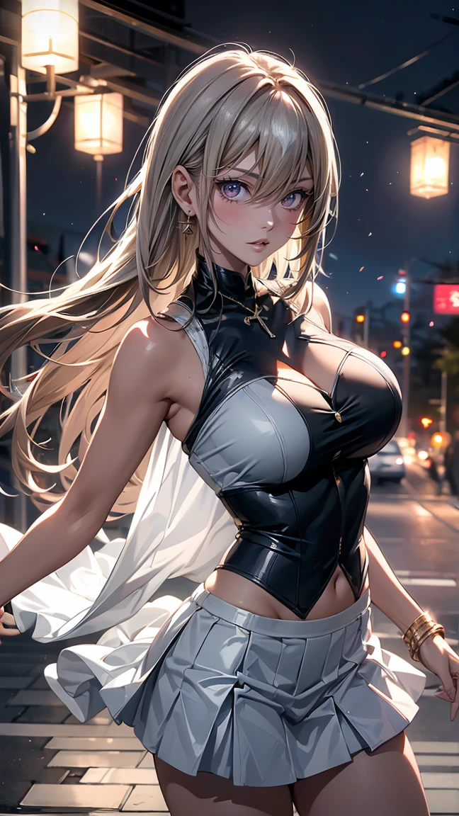 detailed portrait of a beautiful woman, 1girl, (AngelMS:1.4), midriff, looking at viewer, (cleavage), cropped jacket, best quality, 4k, 8k, highres, masterpiece:1.2, ultra-detailed, URBAN SAMURAI,holding a dagger each hand, fullbody shot