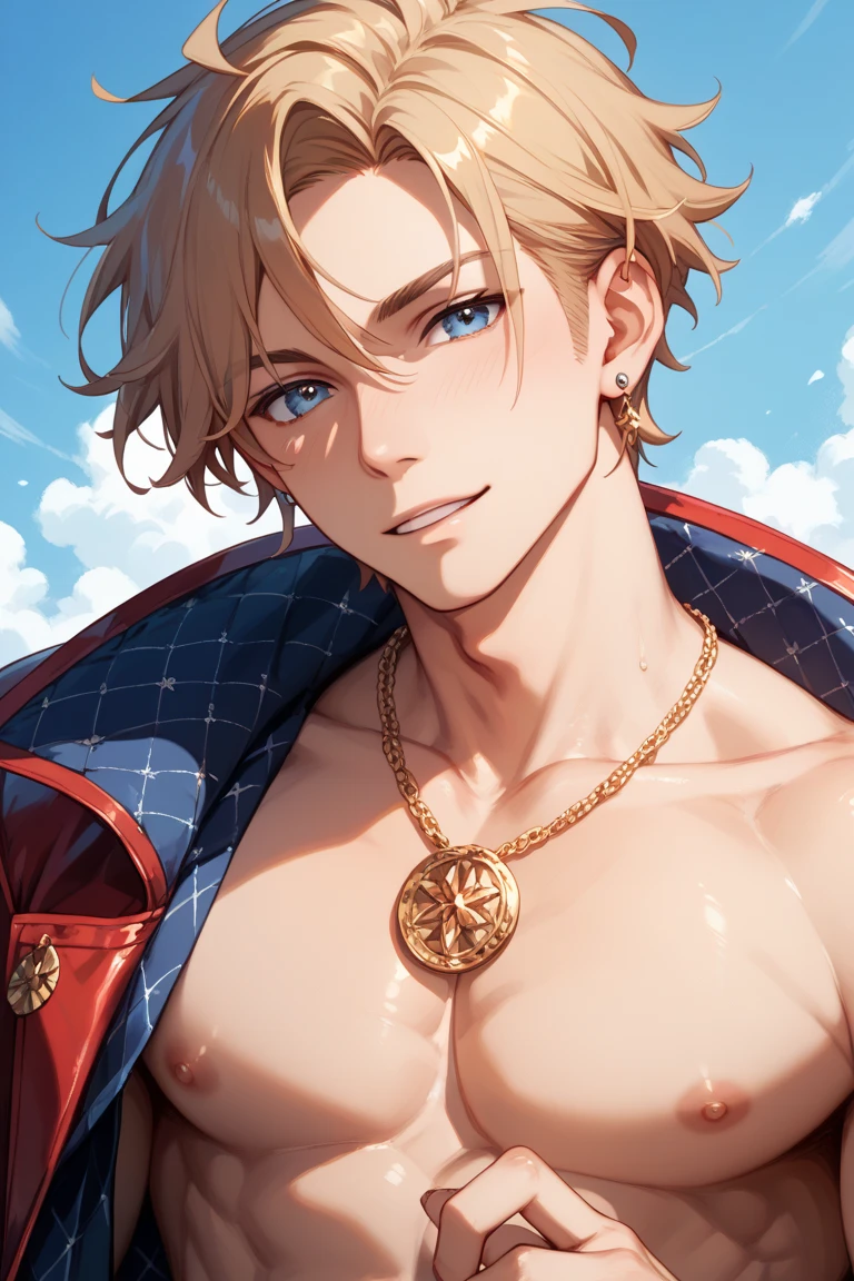 absurdres, highres, ultra detailed, HDR, master piece, best quality, Hawks, ash-blonde hair, expressive golden brown eyes, faint stubble, red wings, Boku No Hero Academia, solo, sexy man, handsome, horny, lewd, black hat, fantasy black pirate clothes, accessories, showing the chest, beach, sea, petals, flowers