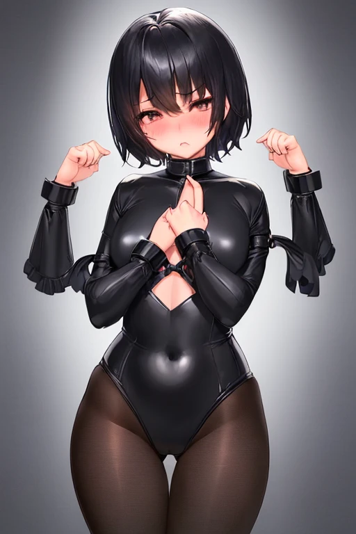 Japanese、woman，Black Hair、short hair、既婚woman、Big Lips、Nipples are visible、Large Breasts、L Cup Breast、Painful face、endure、forward leaning posture、刑務所に排尿するwoman、incontinence、Black tight dress、China dress、Squat positions、Spread your legs、Electric shock、Sweat、High heels、Through clenched teeth、Front of body、bondage、inhibition、Exposed armpits、Chained hands