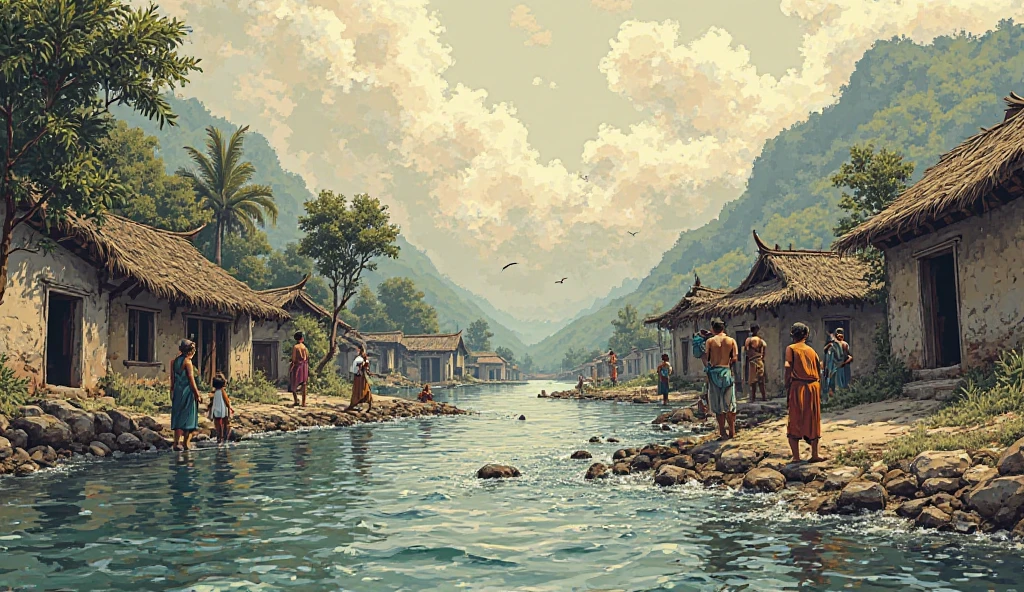 The illustration style is semi-realistic, with strong outlines and detailed shading, resembling a historical or graphic novel artwork.

Prompt:
Frustrated, some rebellious village youths killed the tax agents in a fit of rage and threw their bodies into the river.