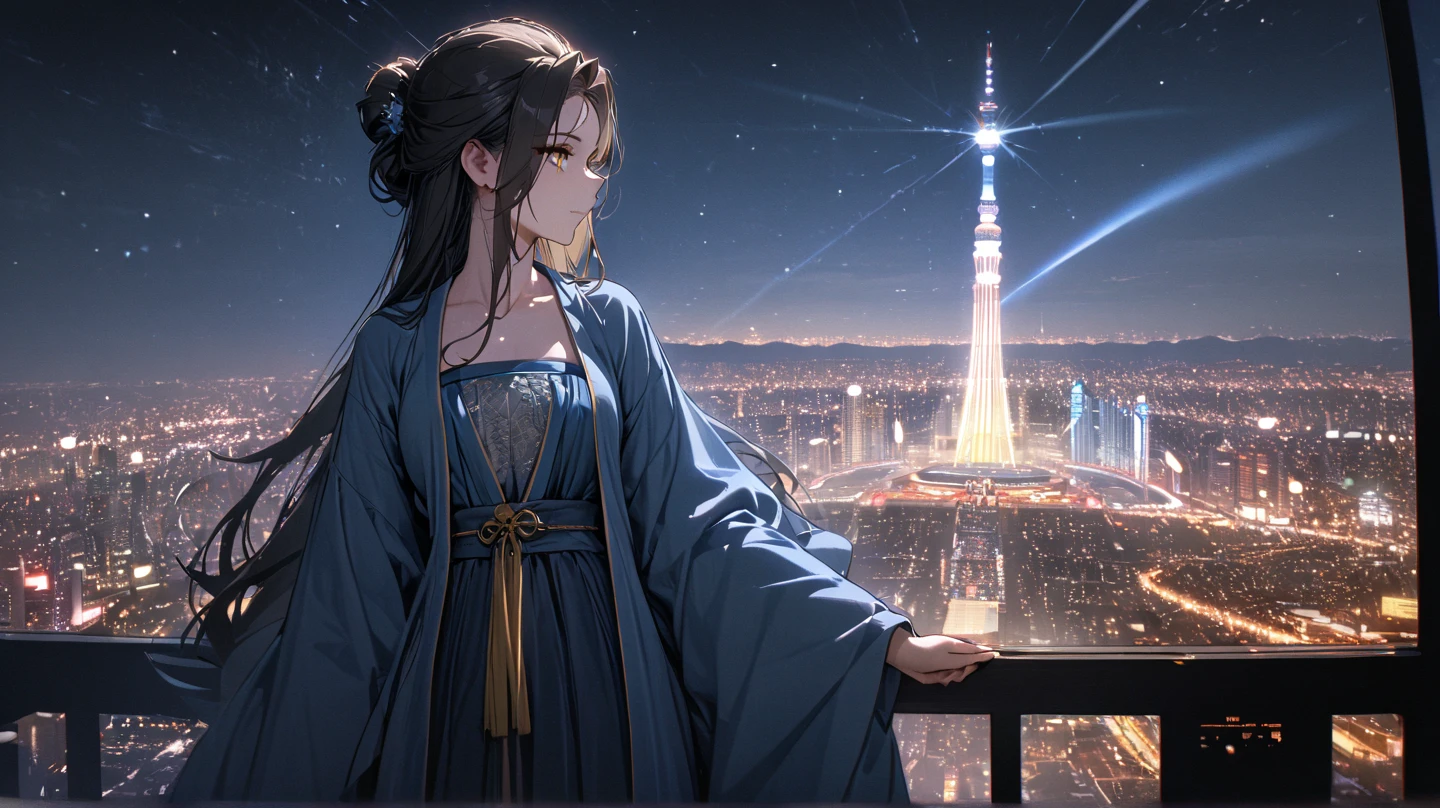 Masterpiece, Professional lighting, photon maping, Radio City, Physically-based rendering,1girll, full bodyesbian,absurderes, A high resolution, skylines, Beautiful detailed sky, Covered ,(Hanfu, Ming style),Yellow eyes,barechested