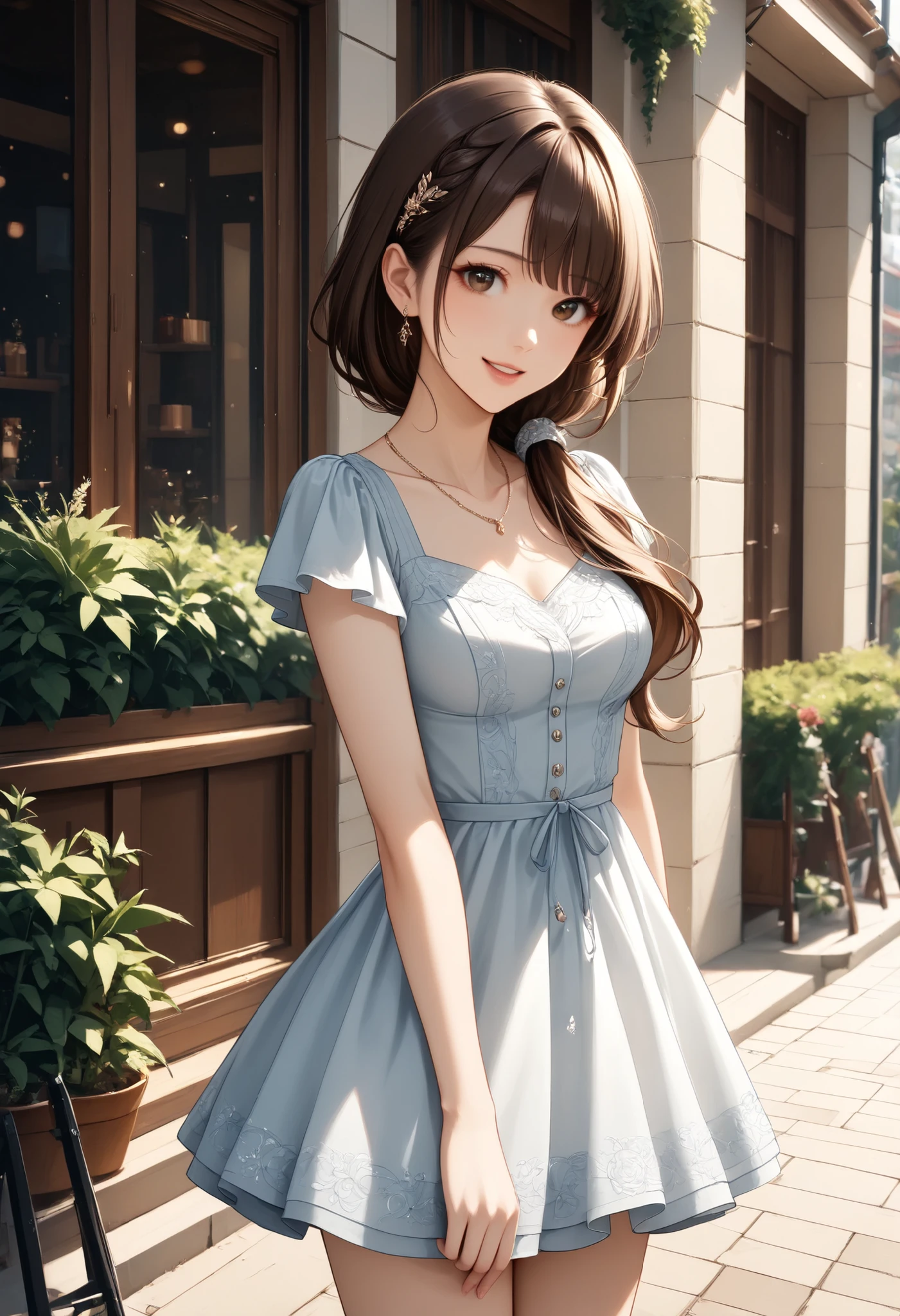 (masterpiece、top quality、Very Beautiful、Super Detail)、EXQUISITE DETAILS、4K、Akasumi 、Hair over the shoulder、brown hair、brown eyes in the oral vagina、long hair、medium breasts、Low Ponytail、、casual with short hem、smile、is standing、cowboy shot、Outdoors