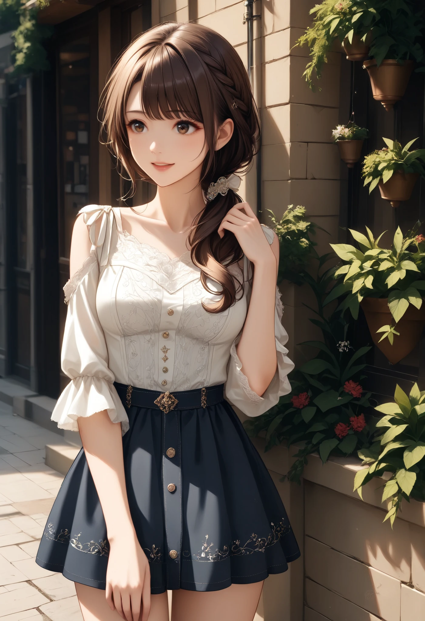 (masterpiece、top quality、Very Beautiful、Super Detail)、EXQUISITE DETAILS、4K、Akasumi 、Hair over the shoulder、brown hair、brown eyes in the oral vagina、long hair、medium breasts、Low Ponytail、、casual with short hem、smile、is standing、cowboy shot、Outdoors