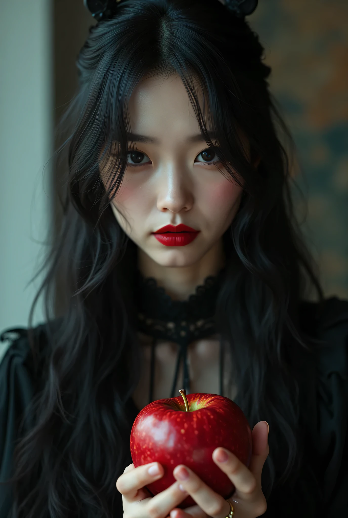 ((RAW photos)，absurdity of feather，(absurdity of feather分辨率))， masterpiece，best quality，(extremely detailed 8k unity CG wallpaper)，( BEST ILLUSTRATION )，(best shade)，Realistic Lighting，beautiful and detailed brilliance，((21 years old))， girl，Long black hair，Black Queen，Accessories，Holding Apple，Poison Apple，Witch Queen， Red lipstick ，(((Her Photographic Perspective)))