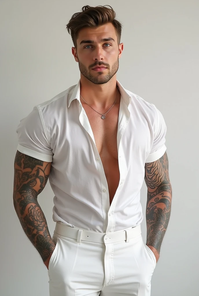 Create a guy in his 30s with Russian and Italian features, Let his eyes be blue, medium light brown hair, height of 1.muscular man with tattoos on his left arm that reach his fingers , A piercing on his lower lip on the right side. That he be dressed in a white dress shirt and khaki pants