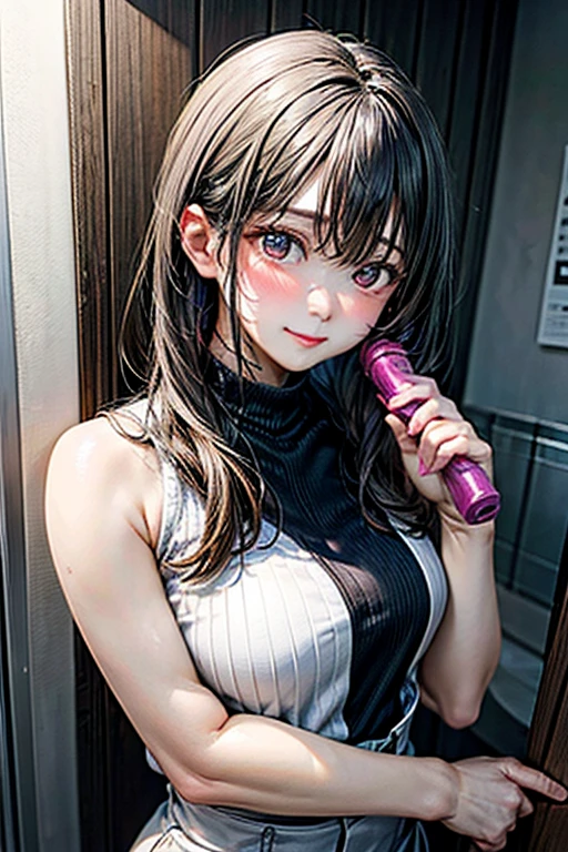 A girl with black hair is blow drying her hair in a room with a blue wall and a white door.