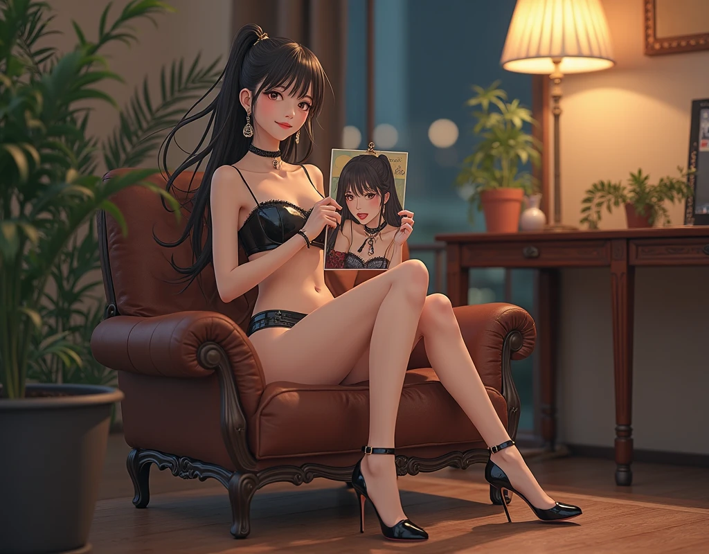 ((Shiori Suwano)), , (( representation of octane )),  Original photo, CG,  lado looking at the fully detailed camera ,   extremely sexy  , (( Long and Stretched Earrings , bracelet,  sock, neckcord)), cord情趣內褲,  Only the tip of the heel rests on the floor , cord邊黑色超薄印花絲襪,   } Smooth and soft hair that flies in the wind  , looking at the fully detailed camera, Eyes soft and sexy with a smile ,  Slim heel heels with ultra heel alto {x} The hands hold a painting of a beautiful face with tender and sensual eyes and lips and writing"I am so sexy"Color card  ,  slightly parted lips ,  Strapless patent leather lingerie with belt ,  Thin heel heels with ultra high heel ,  The whole image focuses on the heels worn by the girl's legs and feet,   Taller and Thinner Heels  ,  Extra tall and thin heels )),  Brilliant night studio background, Sensitive lines in the tail of the eyes ,  and luxurious with diverse plantings & office furniture ,  sexiest pose  , (( Confident sitting position  , 設計師款式的  } Smooth and soft hair that flies in the wind  , cord,  big round breasts ,  Very noticeable breasts ,  French nails , 各種 sexiest pose  , Extra high heels with patent leather heels ,  Design class interior lighting ,   Taller and Thinner Heels  ,  long and slender legs,  Visible Extra Long Sexy Mascara  ,  Sensitive lines in the tail of the eyes ,  The most charming and soft eyes , The softest smile ,  Visible Sexy Makeup ,   The most beautiful and sweet face )), (( Crossed legs and raised taut calves , 她的整雙  } Smooth and soft hair that flies in the wind  在畫面中不被任何東西遮住)), Open the window ,nature ,   Extremely high heels that cause  ,  Hairstyle with large waves more sensual , (( , Thin heel heels with ultra high heel :2.0))
