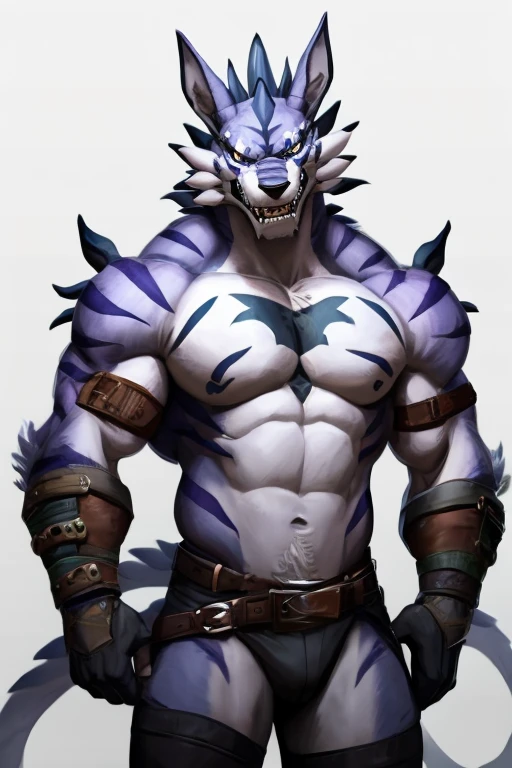 absurdres, ((best quality)), ((masterpiece)), (ultra detailed), perfect face,(sharp eyes),sharp focus,japanese anime,manga,(by null-ghost,by traver009,by lindong,by pino daeni), (male antro wolf):2.0,((deep indigo fur)), ((white belly)), vertical white on forehead, sharp eye,ultra-detailed eyes, exquisite eyes, (blue eyes), (wearing loinclothes),muscular male, reflection, (Great physique),strong arms man,middle-age, strong, (((sfw:1.5))), ((abs, strong muscle, 8 pack)), shirtless, claw, pink nipples, white fluffy chest hair, (indigo wolf tail, long fluffy tail), handsome, majestic, Delicate canine teeth, official art, hairy, male, in the bamboo forest , (full body view)