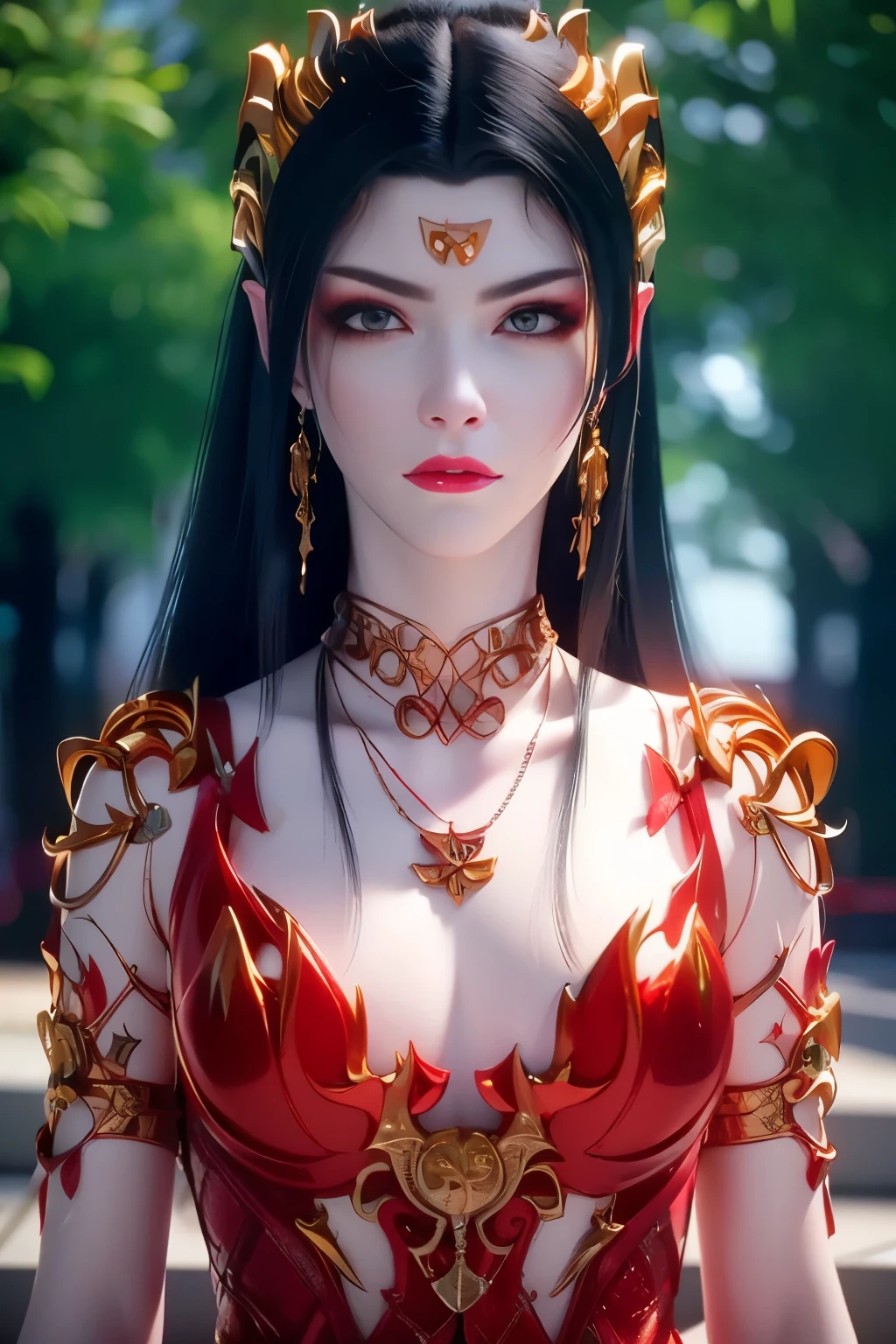 (RAW photo:1.2), (photorealistic:1.4),(intricate details:1.2),(masterpiece:1.3),(best quality:1.4), (ultra highres:1.2),1girl, solo, jewelry, earrings, pointy_ears, necklace, looking at viewer pose, red ornamental clothes, background : a garden with fluttering sakura petals, strict icy expression on her face, beautiful face, good face symmetry, natural lighting, natural skin