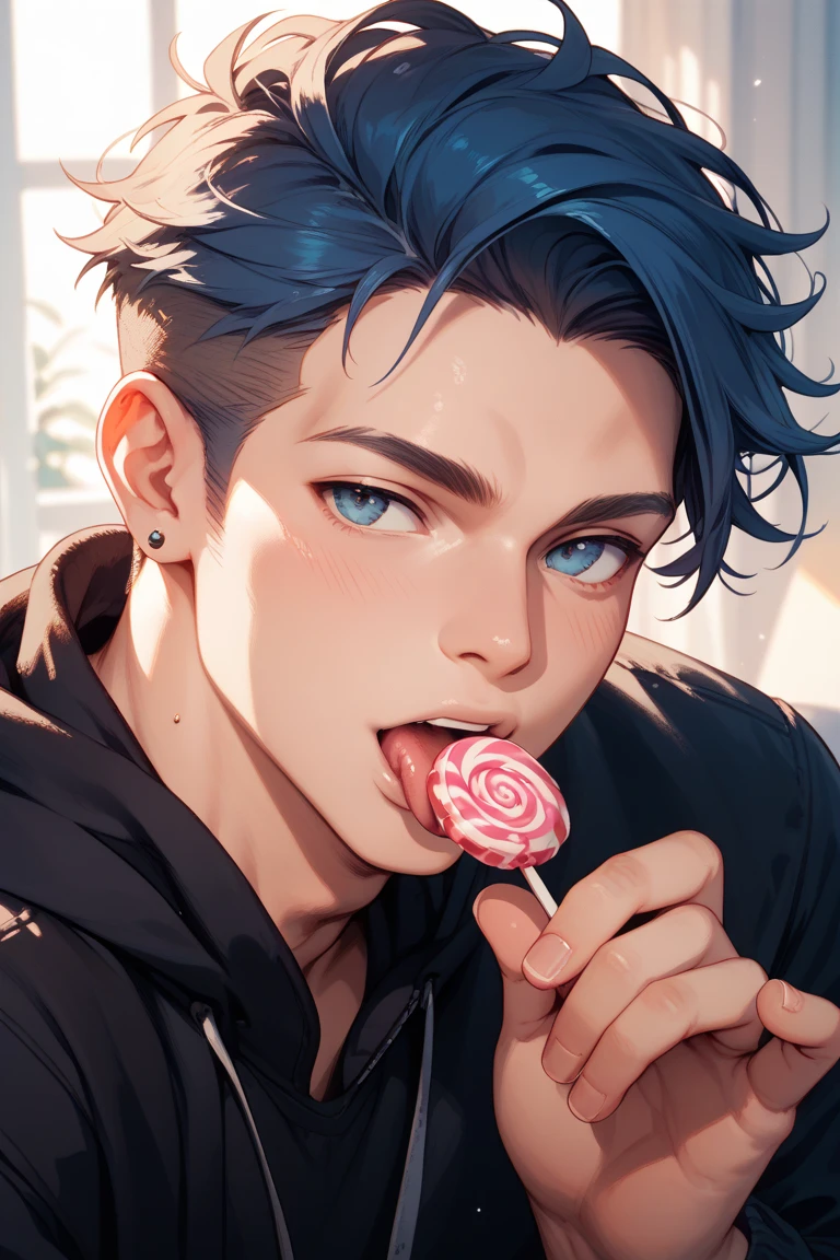 1 boy, black eyes, black hair, tooth braces, licking blue lollipop, tongue, wide mouth, ethereal, piercings, korean, bowl haircut, face close-up, manly, handsome, hot, pale skin, twink, slim, effeminate, seductive