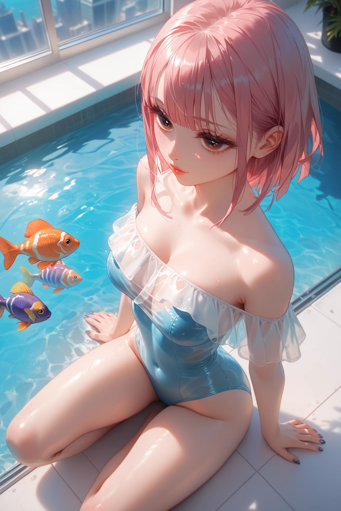 A sexy 13-yr Australian girl is wearing transparent    fish head hoodie sexy full body detail anatomy figure, wearing transparent two piece scally detailed on skin, wearing scally fish like skin texture body, lifting up plump pussy , wavy pink short braided hairstyles from the flow water, ((having fish tail at instead of toes))((goblin ears))(scally fish hand))((showing feets near camera)) (accurate details of hands & fingers)) hard big errect nipples, open legs splitting position,exposed pussy line, exposed panties, exposed pussyline, smiling with teeth exposed. Sparkling green eyes, charms, face details & fucos skin texture colored pinl, swimming under the ocean showing corals, urchins, fish, turtle, whale, bubbles of air for accurate background masterpiece ((with full pink fish like scales skin textured all over her body)) (( has gills)) swimming with ocean current waves under the sea