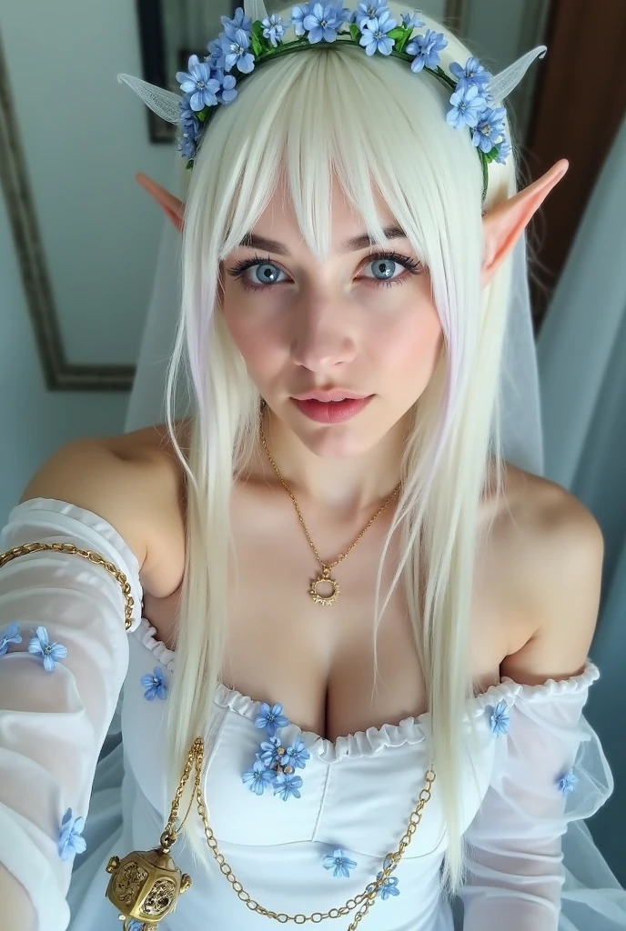 (( Elf girl with long, flowing white hair, shimmering blue eyes, a slender yet curvaceous figure, adorned in a flowing long white dress, a grandiose cape, and an ornate ice crown embellished with crystal-like ice earrings. She stands gracefully, gazing directly into the camera, her aura exuding an ethereal, ancient magic. The backdrop is a wild, cold winter landscape, framed by the falling snowflakes, creating a cinematic, mesmerizing scene. The soft, diffused lighting and the faint, silver glow of the moon cast a mystical, mythological ambiance, while an icy aura surrounds her