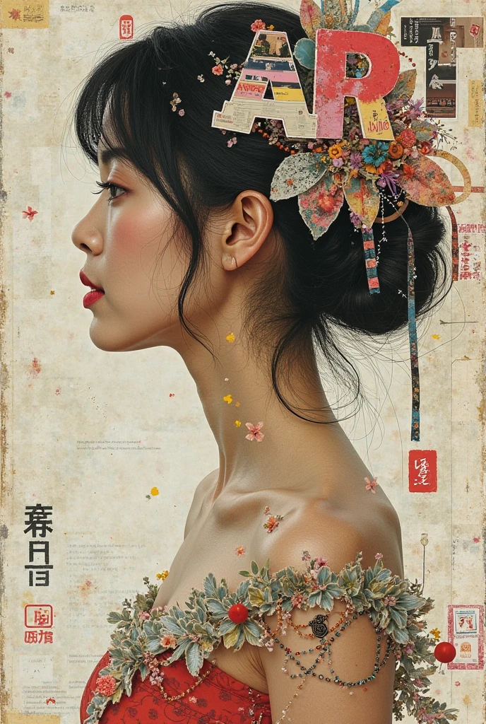 Collage art masterpiece, beautiful Japanese woman in profile, bust shot, translucent dress, magazine clipping and advertisement, billboard, hair ornament composed of newspaper clippings, word “ART” made from magazine clippings, abstract background