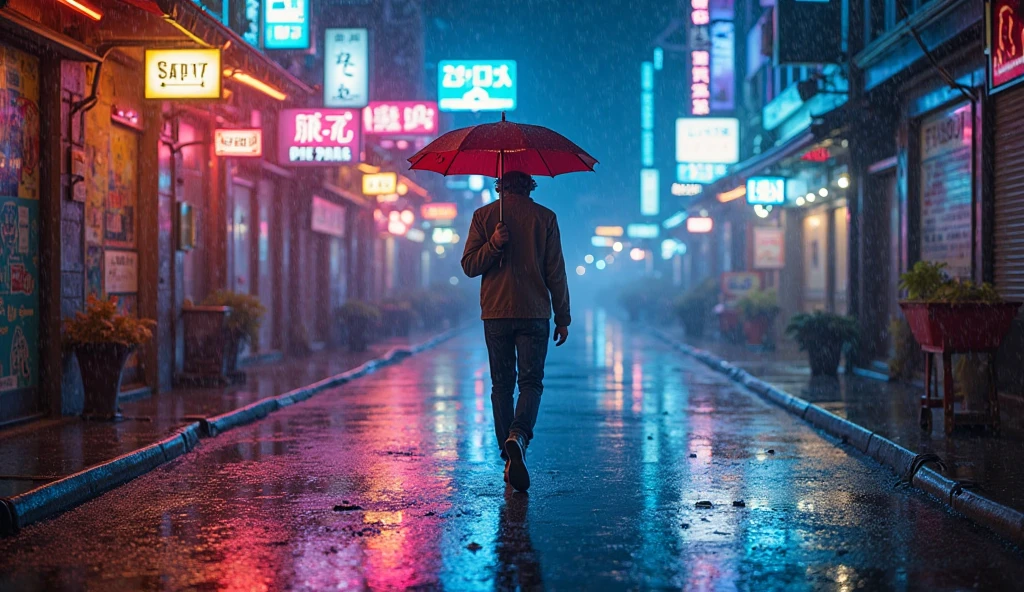 A lone figure walks through a neon-lit street in the rain, holding a red umbrella. The wet pavement reflects a kaleidoscope of glowing signs in vibrant blues, pinks, and yellows, creating a dreamlike, cyberpunk atmosphere. The city feels alive yet isolating, the quiet tension of late-night urban solitude hanging in the air. This scene evokes a sense of mystery, introspection, and the poetic beauty of being alone in a crowd."