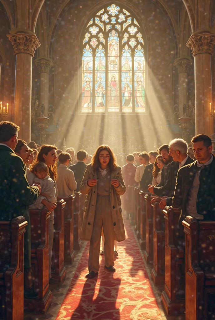 Dans une église française de village bondée pour la messe des rameaux on voit beaucoup de jeunes couples avec leurs enfants, ainsi que des personnes âgées, tous de type caucasien et endimanchés