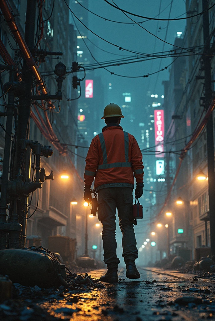 An electrician works on a faulty city grid at night..