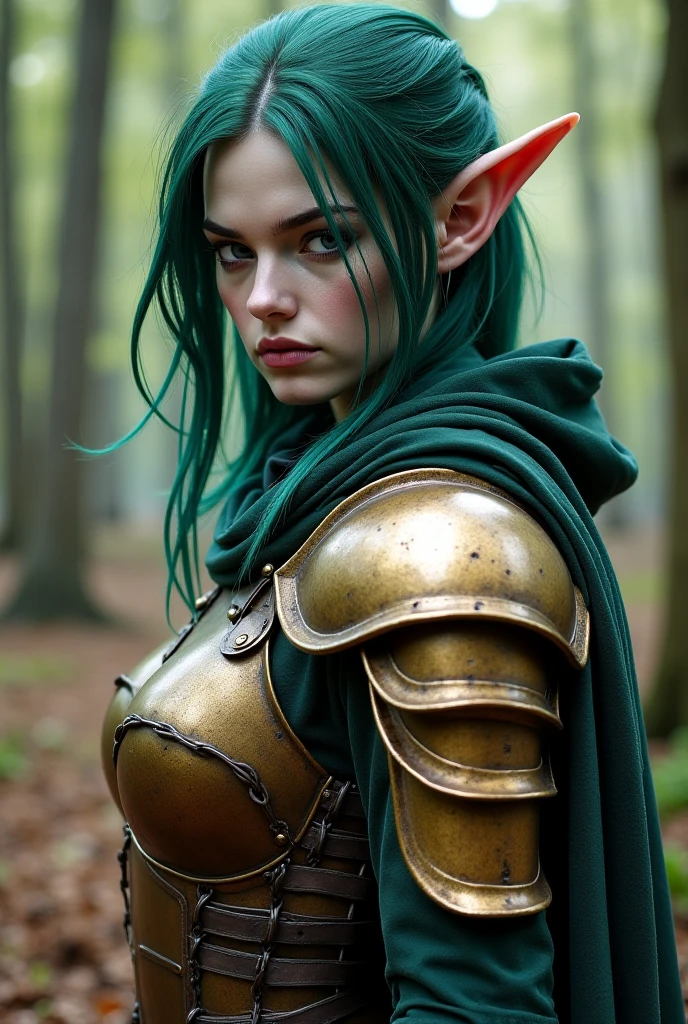 Upper body shot, a grey-skinned European woman, pointy elf ears, grey skin, forest-green hair, closed mouth, antique bronze armor, combat pose, dynamic pose, complex fantasy character, NSFW, cinematic lighting, fantasy, magic, detailed background, on a wooded battlefield, best quality, HDR, 8k, photorealistic, RAW photo, highly detailed