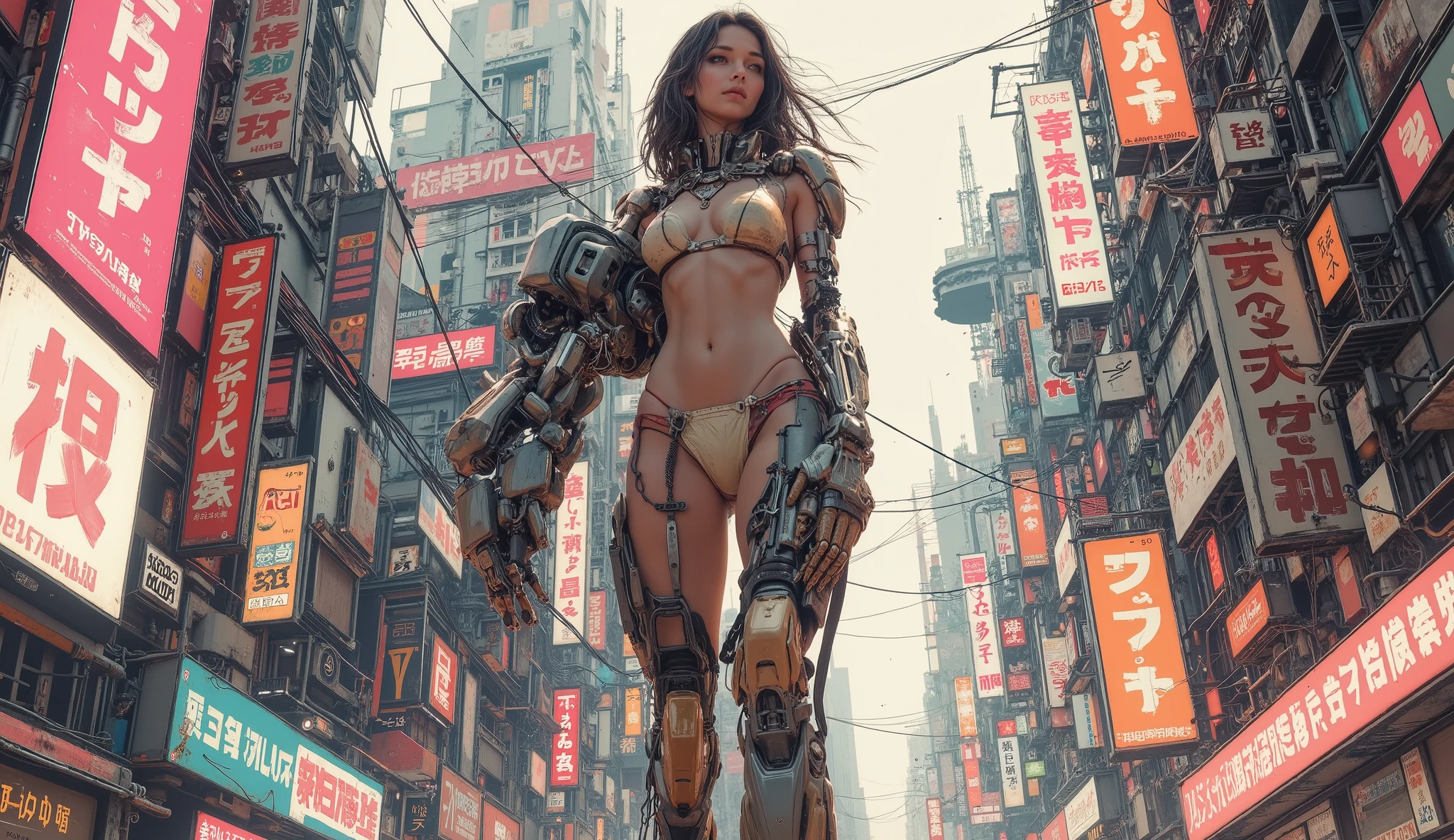 Chica cyborg, Beautiful Girl, young lady , THIN GIRL, slim waist, medium breasts, thigh space, (She has cybernetic arms., robotic arms), (She has cybernetic legs., robotic legs), cyborg, cyberpunk, futuristic face , futuristic face setting, Cyberpunk scenario, daylight, WEARING a small thong , micro thong, ( pink panties), tight thong, ((concha: 1.3)), cowboy shot, forehead, foreheadal, (((Masterpiece butt)))、((cloud only))、( the ultra-detailed )、8K