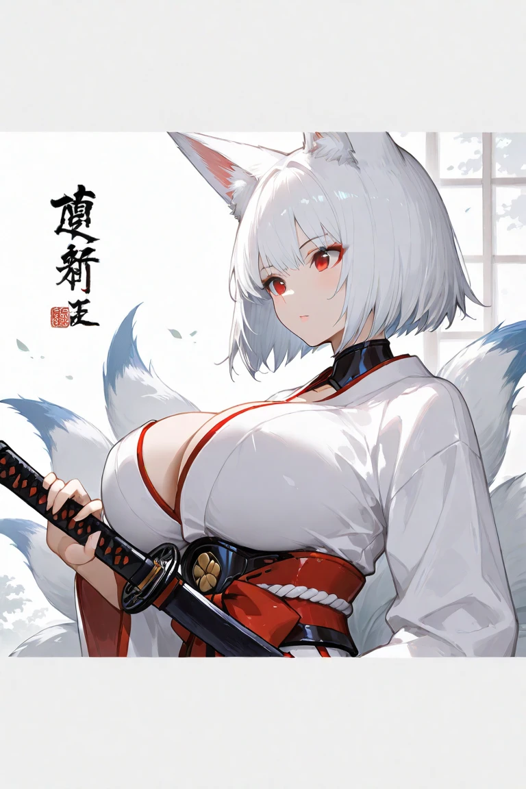 best quality, masterpiece, highres, solo, {kaga_azurlane:1.15}, animal_ears, fox_ears, white_hair, short_hair, blue_eyes, tail, bangs, fox_tail, multiple_tails, breasts, fox_girl, large_breasts, makeup, animal_ear_fluff