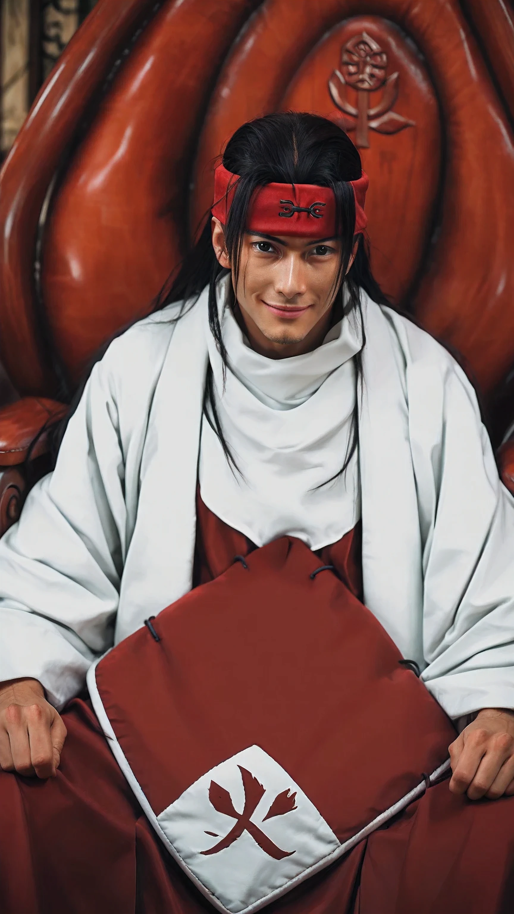 score_9, score_8_up, score_7_up, source_anime, detailed, wallpaper, beautiful details, hashirama senju, 1boy, asian, male focus, looking at viewer, black hair, long hair, headband, fire kanji symbol, black eyes, white and red robe, white and red hat, sitting on chair, redwood chair, thin smile face