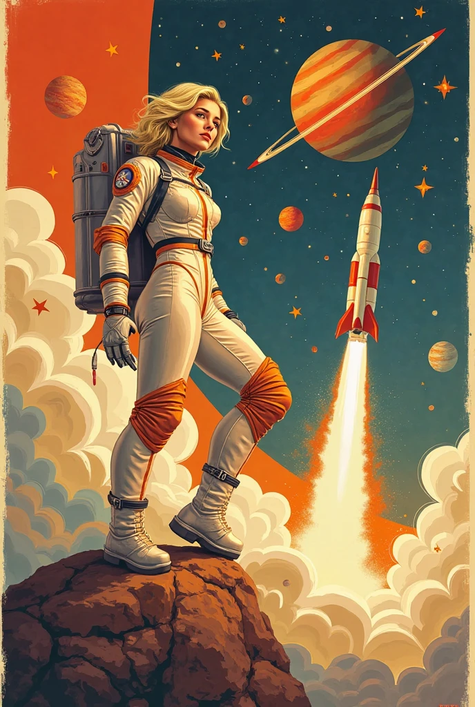 "A poster in Soviet retro-futurism style, featuring a blonde female cosmonaut standing heroically with one foot resting on a meteorite. She wears a sleek, vintage-style space suit with orange and golden accents, glowing subtly in cosmic light. In the background, a futuristic rocket launches dramatically through thick clouds of smoke, symbolizing technological triumph. Surrounding her are stylized planets, stars, and spacecraft in bold geometric shapes and a limited color palette, dominated by warm hues like orange, gold, and red. The overall aesthetic is optimistic, powerful, and inspiring, reflecting a futuristic vision of space exploration from a 1960s Soviet perspective. Include Cyrillic text with slogans about space glory and human progress.