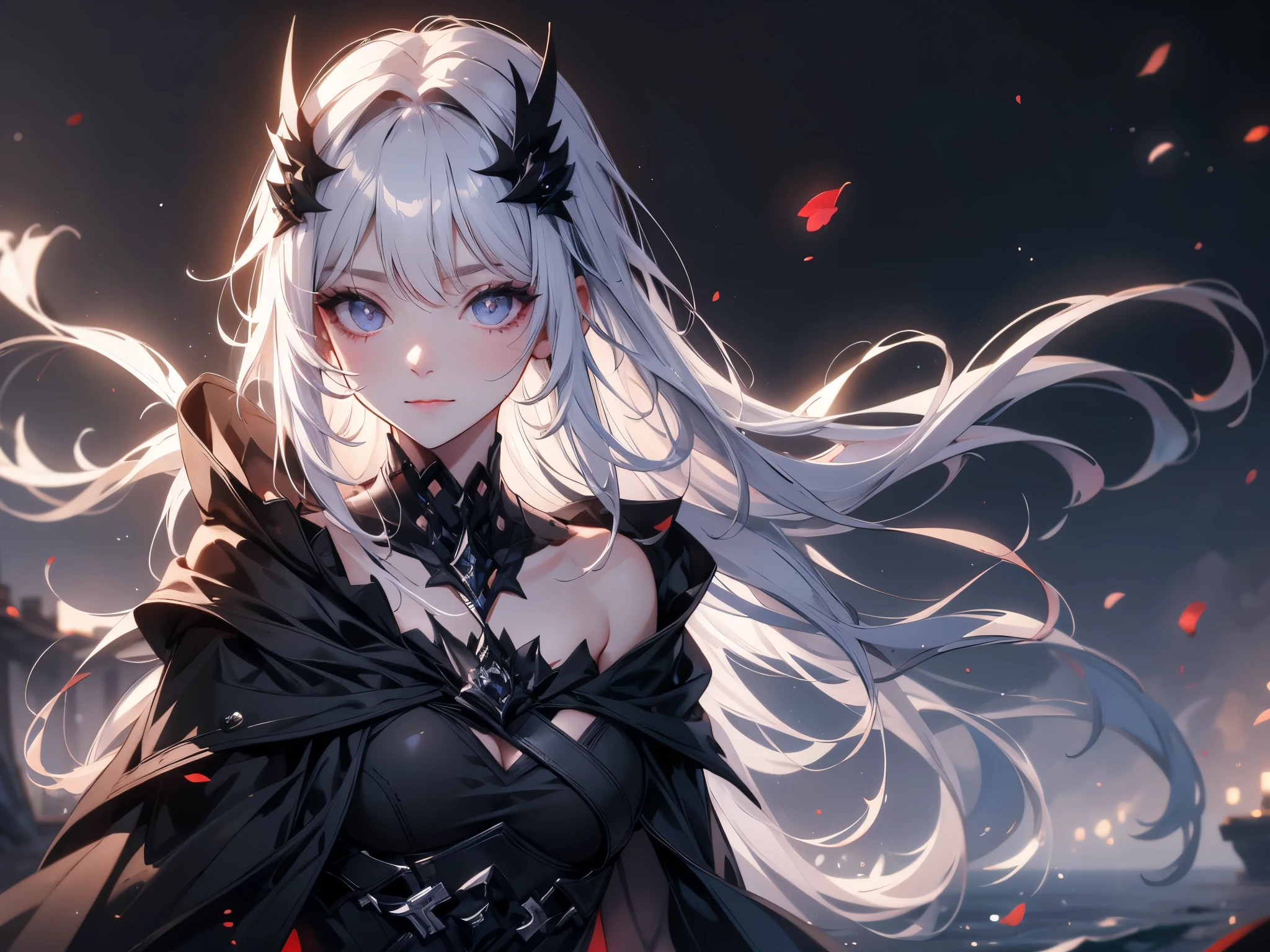 alone,1 woman\(grim reaper,cute,cute,, hair color is white ,   a , messy hair,Eye color is dark, big eyes, white skin, big smile,enjoy, full body ,nude,( black hood ), a scythe, Skip, Flower Hair Ornament with Bang Head ,white hair,(Body transparent:0.8)\),background\((Black Sky:1.5),Skull ,  dead flowers scattered on the ground  ,red water\), break ,quality\(8k,極めて詳細なCGユニットのwallpaper, masterpiece, HD ,top-quality,top-quality real texture skin, surrealism, raise resolution , RAW photo,最高のquality, very well detailed,wallpaper\)