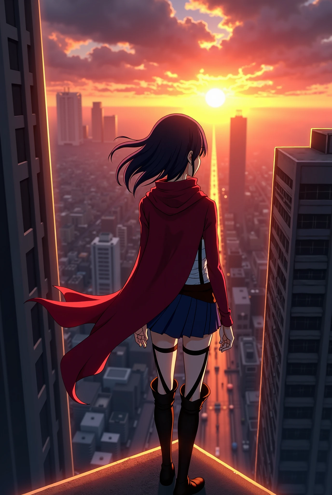 Mikasa from attack on titan watching the city at sundown from a tall building.4k image.anime style.use as many details to create a full photo as in the original anime of mikasa in full view