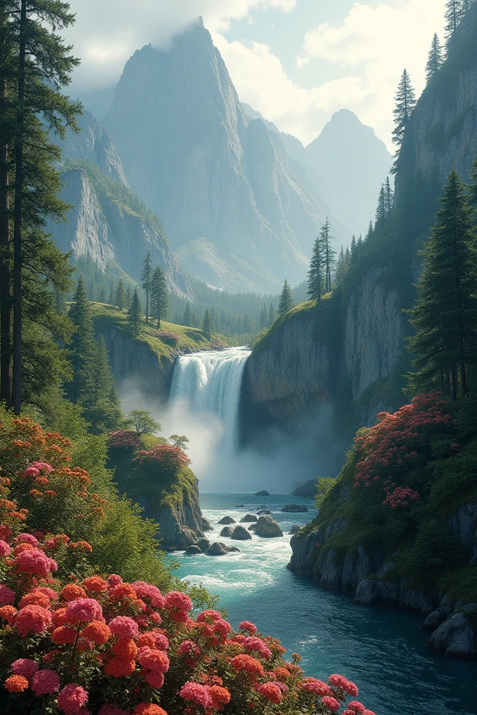 A breathtaking natural mountain valley with a majestic waterfall flowing into a serene river below, surrounded by tall cliffs and mist. Blooming vibrant red and pink flowers in the foreground, lush green trees on both sides, pine trees on the hills, and soft golden sunlight streaming through the mountains at sunrise. Ultra-realistic, high-detail, 4K resolution, photorealistic landscape."9.16